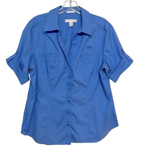 Chico's 100% Cotton No Iron Button Down Shirt Blue Short Sleeve Size 2 / L / 12 - Picture 1 of 6